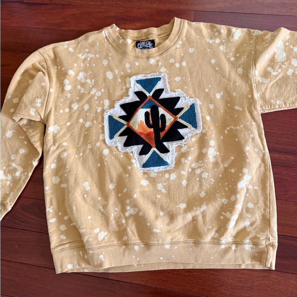 One24 Rags Sweatshirt Women’s Distressed Pullover Bleach Cross W Cactus SZ XL